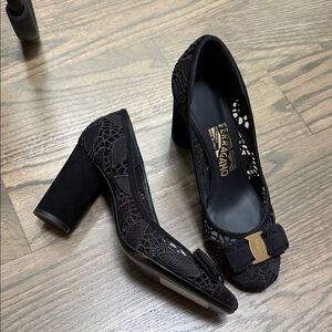 Salvatore Ferragamo Black Lace Heels with Gold Accent